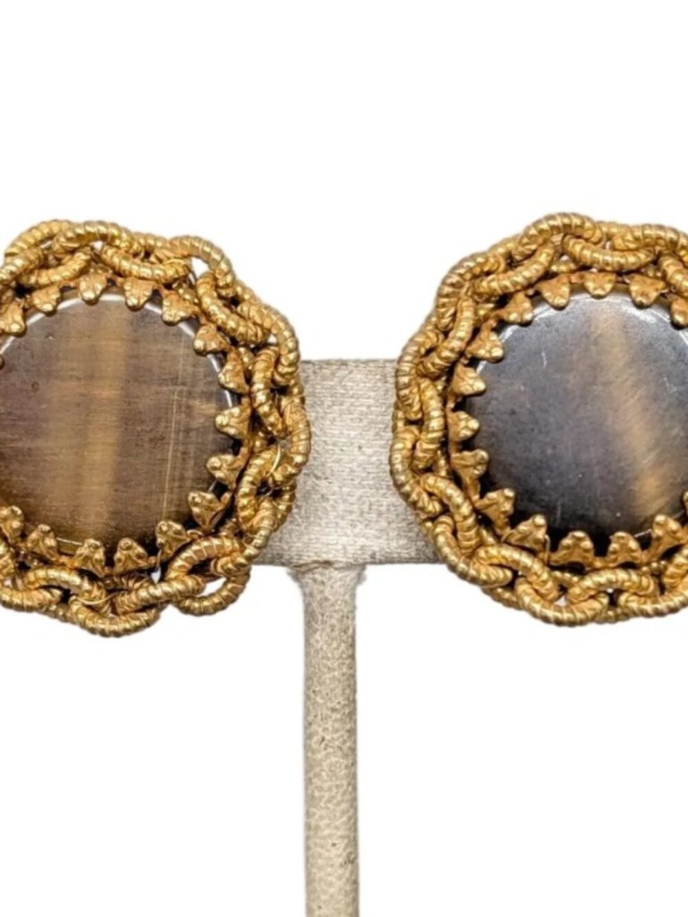 Vintage 1960s Signed Miriam Haskell Goldtone Faux-Tiger's Eye Clip Earrings